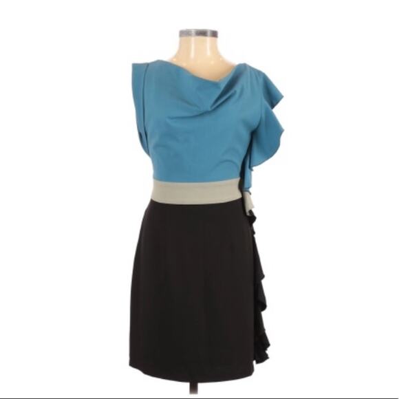 Fine Illusions lambs wool blend color block side ruffle sheath dress, small - Picture 1 of 8